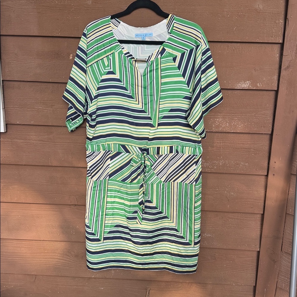 ANTONIO MELANI Green and Yellow Patterned Dress with Tie Waist size 10
